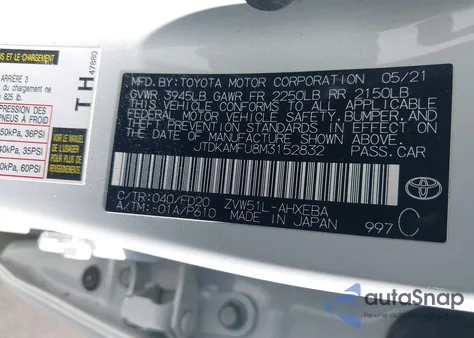 2021 Toyota Prius Le from USA, damaged, VIN JTDKAMFU8M3152832